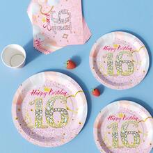 16th Birthday Rose Gold Rhinestone Disposable Plate, Napkin, Cup Set, Serves 8 Guests, Suitable For Birthday, Wedding, Party, Family Picnic - Multicolor - View 4
