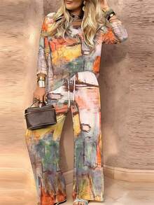 Four Seasons Two-Piece Set Woven Fabric Vacation Photoshoot Airport Crew Neck Top And Long Pants Set Casual Drawstring - Nhiều màu - Xem 2