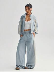 Bộ 1 áo khoác cổ đứng khóa kéo kiểu vintage + quần ống rộng, thời trang đa năng mùa xuân. - Màu xanh nhạt - Xem 4