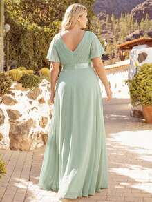 大码优雅V领褶皱胸部鼠尾草绿伴娘礼服、婚礼宾客正式礼服、派对场合礼服 - 薄荷綠 - 查看 3