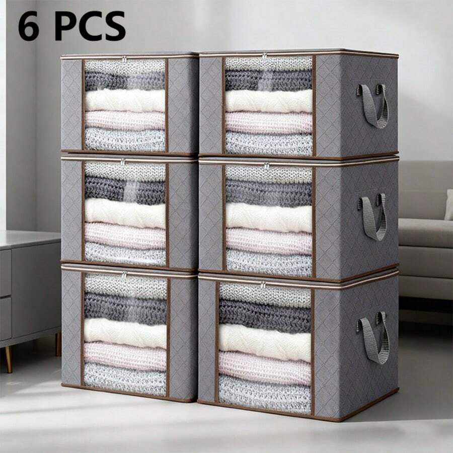 6-Piece Storage Box, Classic Comforter Bag, Organizer Bag With Handle, Transparent Window, Sturdy And Durable, Foldable And Stackable, Suitable For Storing And Organizing Clothes And Comforters - 灰色 - 查看 1