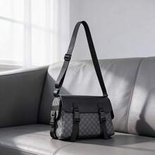 New Plaid Multi-Pocket One Shoulder Messenger Bag, Large Capacity Storage, Adjustable Strap, Men's Backpack - Black - View 3