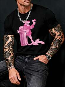 Pink Panther Rata Rosa en traje elegante 100% algodón Hombre corte holgado Camiseta de verano Camiseta casual Varias camisetas como regalo para la familia Estilo Y2K - Negro - Ver 1