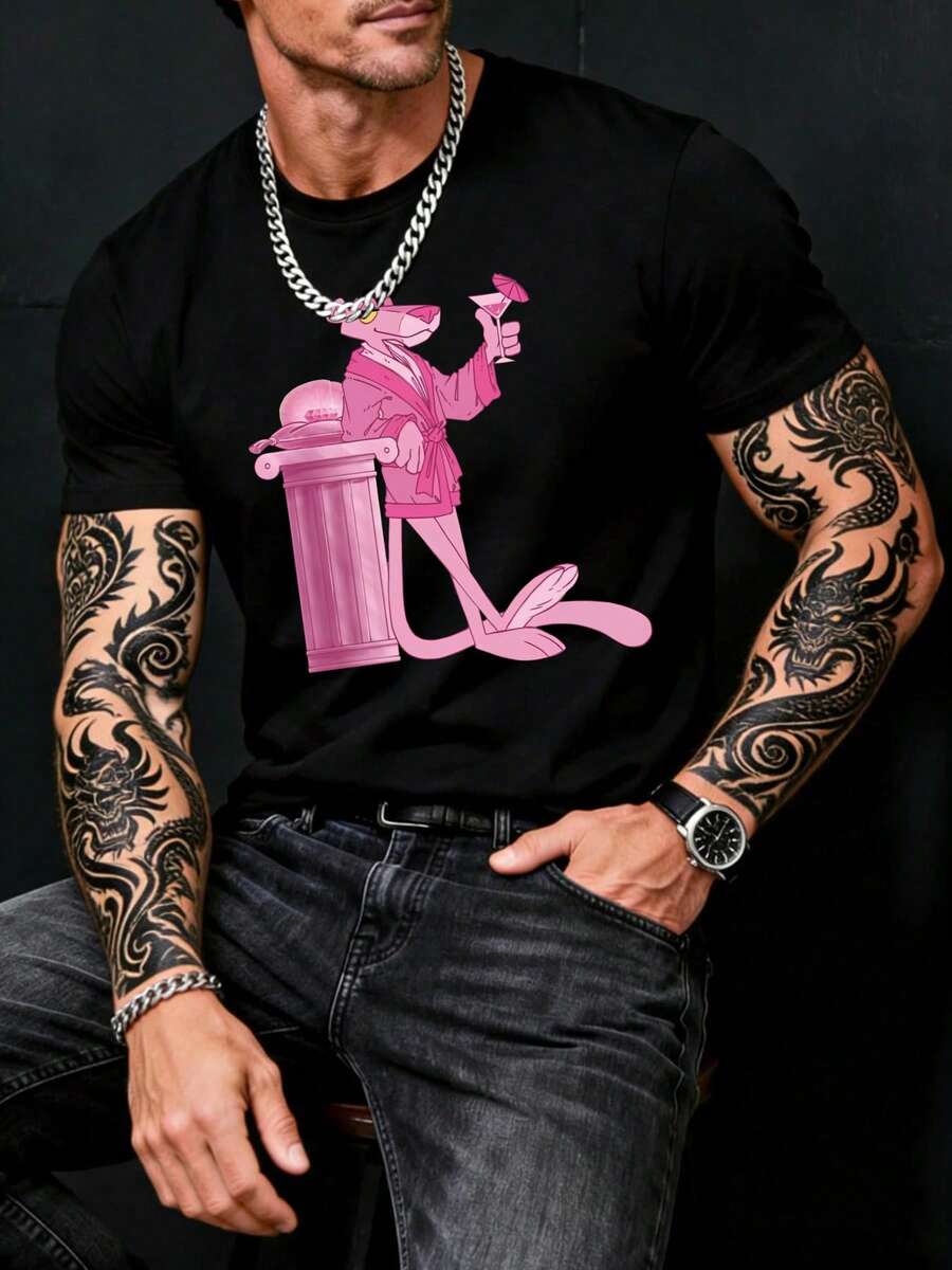 Pink Panther Rata Rosa en traje elegante 100% algodón Hombre corte holgado Camiseta de verano Camiseta casual Varias camisetas como regalo para la familia Estilo Y2K - Negro - Ver 1