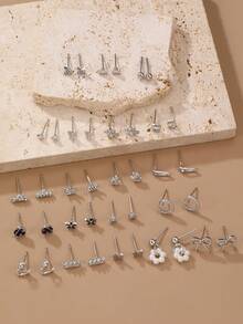 20 Pairs Cute Faux Pearl Bow, Heart, Flower, Geometric Multi-Element Earrings Set For Women, Daily, Date, Party Accessories - Silver - View 3