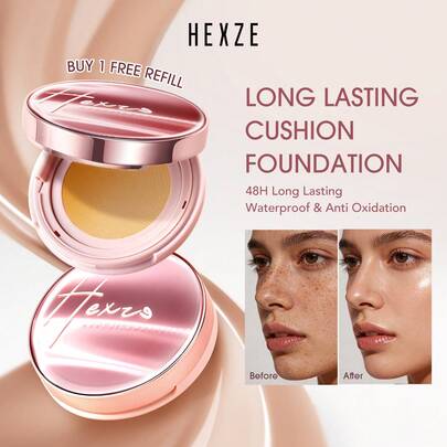 HEXZE 15克遮瑕气垫粉底 + 15克免费替换装 | 防水持久妆效，抗氧化，轻盈不卡粉，滋养日常配方，04杏仁色