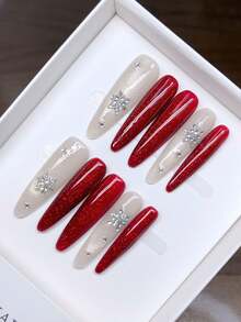 Pure Handmade Wearable Nail Art Almond-Shaped Nails; Hand-Painted Autumn And Winter Red Cat Eye Nails With Inlaid Diamonds; Handmade Press On Nails Homemade Press On Nails Handmade Nailshigh- Simple Design Nails, Full Coverage Fake Nails, Y2K Nails, Unique And Niche Creative Fake Nails, Daily Nails, Cute Modern Style Nails, Daily Use, Detachable Wear And. - Multicolor - View 3