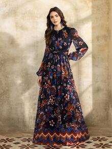 Faeriesty 优雅印花长袖晚礼服，圆领设计，收腰剪裁，A字长裙，适合婚礼宾客、正式新娘写真、盛大庆典、周年纪念晚宴和浪漫写真拍摄，度假必备派对黑色春季款 - 黑色 - 查看 6