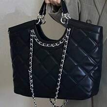 Xiaoxiangfeng Diamond Tote Bag, Lazy Wind Large-Capacity Portable Women's Bag, 2026 New Fashion Chain Shoulder Women's Bag, Simple Shopping Fashion Versatile Women's Bag. - 黑色 - 查看 9