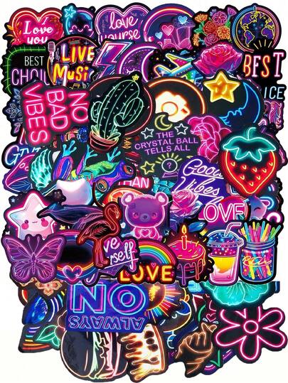 50张霓虹贴纸，彩色霓虹乙烯基艺术贴纸，适用于水瓶、笔记本电脑、剪贴簿、行李箱，卡通贴纸，适合成人和青少年（随机款式），剪贴簿用品，趣味贴纸，Kindle剪贴簿用品