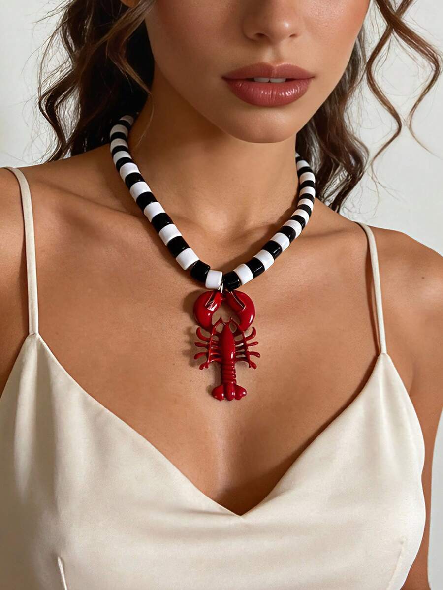 1件时尚串珠合金龙虾吊坠项链，百搭海滩度假风格 - 黑白龍蝦 - 查看 1