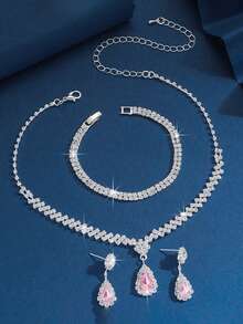 1 Set Women's Teardrop Rhinestone Necklace And Earrings Jewelry Set, Bridal Wedding Party Accessories - Multicolor - View 12