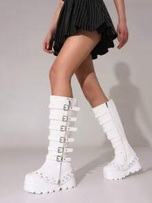 Goth Knee High Boots For Women Y2K Round Toe Wedge Heel Boot Platform Booties Punk Buckle With Side Zipper Dress Party Fashion Halloween Combat Boots Women - 白色 - 查看 6