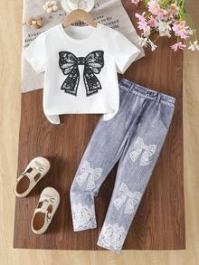 2 peças/Conjunto Menina Jovem Férias Casual Confortável Preto Laço Impressão de Malha Manga Curta Gola Redonda Camiseta Combinada com Calça Longa Impressão de Laço Bainha de Renda Branca, Adequado para Férias e Uso Diário - Branco - Visão 2