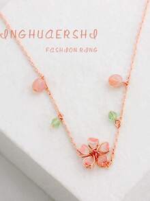 一对精致粉色樱花吊坠项链，简约奢华女士项链，颈链款式 - 均碼 - 查看 3