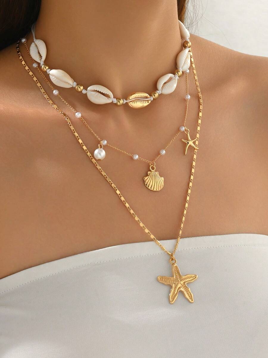 3件套波西米亚风贝壳海星装饰项链，手工绳编颈链，独特设计，适合女性日常佩戴、外出、拍照，也可作为礼物送给朋友。 - 彩色 - 查看 1