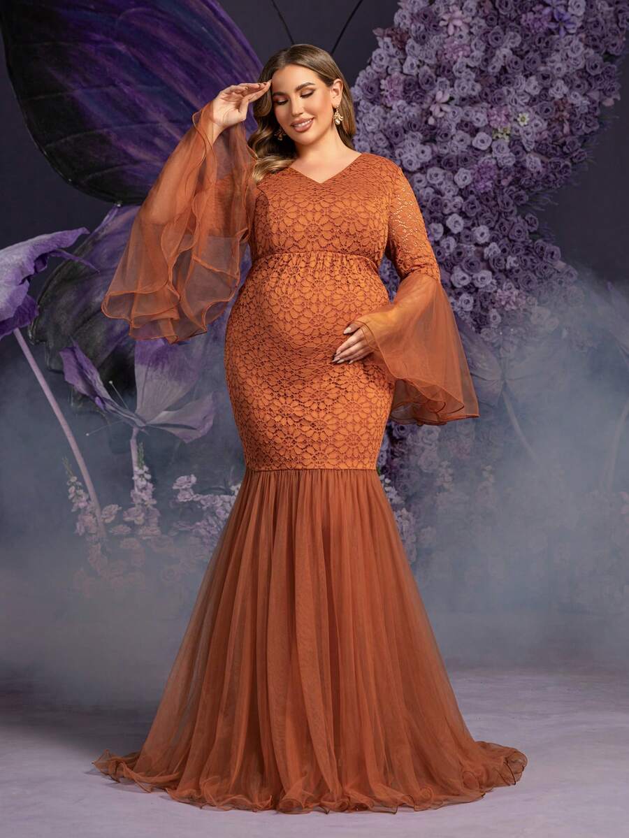Faeriesty 优雅孕妇加大码V领长袖喇叭袖长款派对礼服，适合女性，完美适用于春季婚礼、迎婴派对、花园派对等场合。