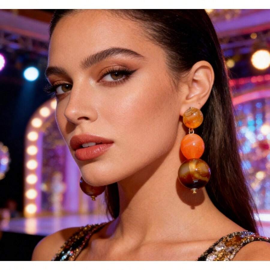 Amber Sunset Color Round Color Block Earrings Vintage Melad Brown Round Bead Earrings Artistic Earrings Suitable For Daily, Festival, Party Wear - 彩色 - 查看 1