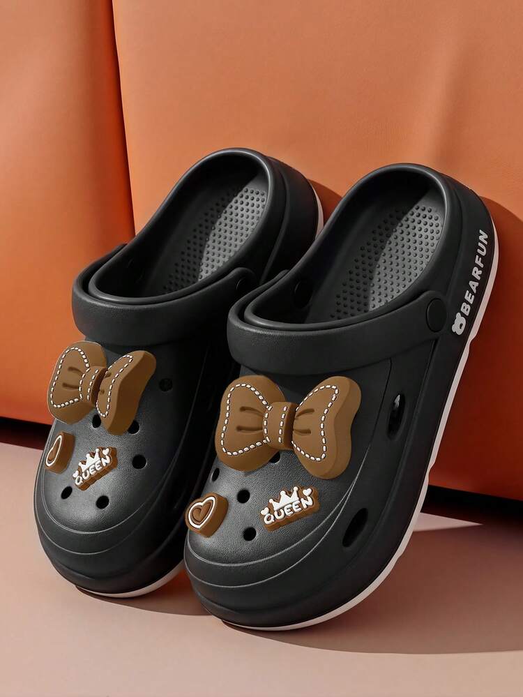 女士休闲透气镂空蝴蝶结装饰凉鞋，轻便平底情侣沙滩拖鞋，适合户外/室内，多种颜色可选 - 黑色(愛心蝴蝶結) - 查看 2