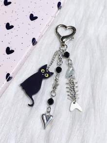 Street-Style Minimalist, Personalized, And Cool Acrylic Cat And Fish Bone Pendant, Handmade Beaded Keychain - Silver - View 5