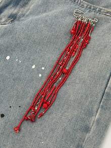 1PC Y2K Red Beaded Tassel Brooch - Punk Style Long Fringe Safety Pin Jewelry For Party & Streetwear - Multicolor - View 6