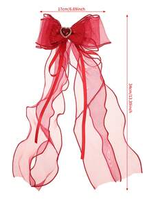 1Pc Large Romantic Bow Hair Clip With Heart-Shaped Rhinestones, Dual-Layer Tulle And Long Ribbons, The Perfect Date & Party Hair Accessory - Red - View 5