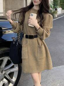 女士休闲时尚修身泡泡袖口袋拼接毛衣连衣裙，秋冬款 - 卡其色 - 查看 3