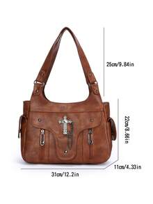 1件复古大容量手提包，复古PU单肩斜挎包，女士休闲托特包兼钱包 - 棕色 - 查看 4