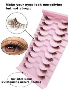 10 Pairs Half-Eye Brown False Eyelashes With Clear Band Stem Natural Looking Eyelashes That Enhance Eye Shape Perfect For Daily Wear, Vacation, Halloween, Christmas, And New Year Valentine's Day - Brown - View 2
