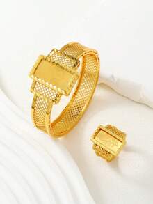 两件套中东斋月优雅镂空玫瑰几何网格拼接手链戒指首饰套装，斋月佳选，精美礼品 - 金黃色 - 查看 7
