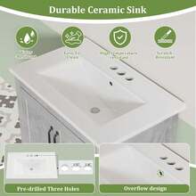 Mesa de baño moderna con fregadero de cerámica, mesa de baño con 2 puertas y 1 cajón de almacenamiento, armario de baño independiente con diseño moderno - Gris - Ver 5