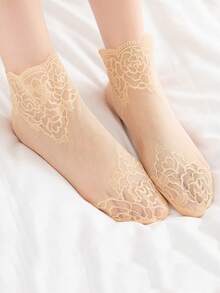 1/5/10双装女士蕾丝船袜，薄款隐形低帮透明镂空防滑袜，春夏款 - 彩色 - 查看 4