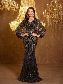 SUPGIR Sweetheart Neck Lantern Sleeve Lace Fabric Waist Cinched Front Slit Dress, Evening Gown - Black - View 4