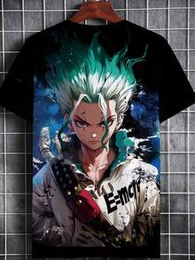 Men's 3D Printed Anime T-Shirt With Green Hair Character Full-Body Graphic - Lightweight Short Sleeve Summer Casual Shirt, Black Base With Color Print, Durable For Gym & Outfits (Machine Washable) - 黑色 - 查看 3