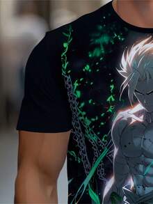 Men's 3D Printed Anime T-Shirt With Full-Body Character Print - Lightweight Breathable Summer Tee, Short Sleeve Round Neck Shirt, Black Base With Green & Blue Anime Graphics, Casual Gym Wear For Manga Fans - 黑色 - 查看 4