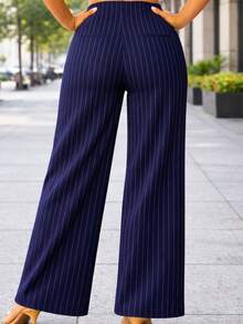 Pantalón pierna amplia de vestir dama mujer pantalones tipo traje elegante casual formal cintura alta pinzas wide leg cierre frontal acinturado estampado rayas rayado lineas día noche diario oficina fiesta salida graduación boda brunch cómodo fresco ligero moderno juvenil - Azul Marino - Ver 2