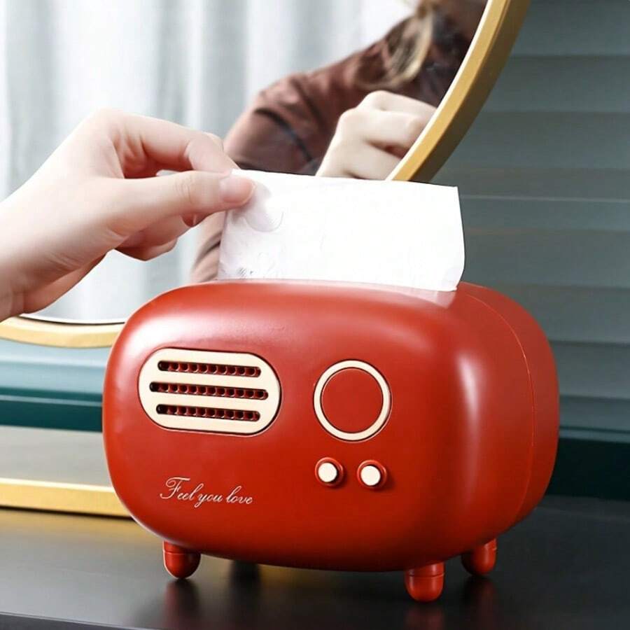 2个复古收音机造型纸巾盒 | 塑料材质，表面光滑，适合中世纪和现代室内装饰风格，可用于浴室/客厅/卧室收纳，经典美学，时尚收纳，复古装饰