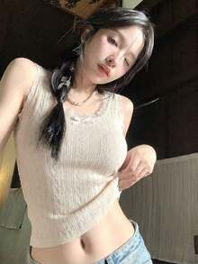 Sexy Lace Trim Fitted Camisole Top, Cropped Length, Bowknot Accent, Suitable For Summer Layering Or Outerwear - Apricot - View 2