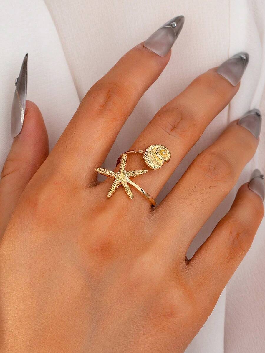 1个沙滩风贝壳海星戒指，适合海洋生活方式配饰，可用于沙滩、旅行、摄影、度假等场合。 - 金色 - 查看 1