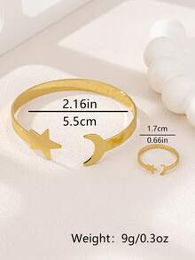 2pcs Minimalist Metal Star & Moon Open Bangle Bracelet And 1pc Creative Minimalist Metal Star & Moon Ring Jewelry Set, Versatile For Daily Wear And Festivals - Yellow Gold - View 6
