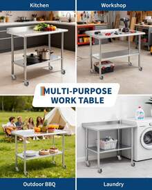 Mesa de acero inoxidable para preparación y trabajo, mesa de trabajo de cocina comercial de 24 x 48 pulgadas con 4 ruedas giratorias y estante inferior ajustable, mesa de preparación de alimentos de metal resistente para restaurante, garaje y exterior. - Plateado - Ver 4