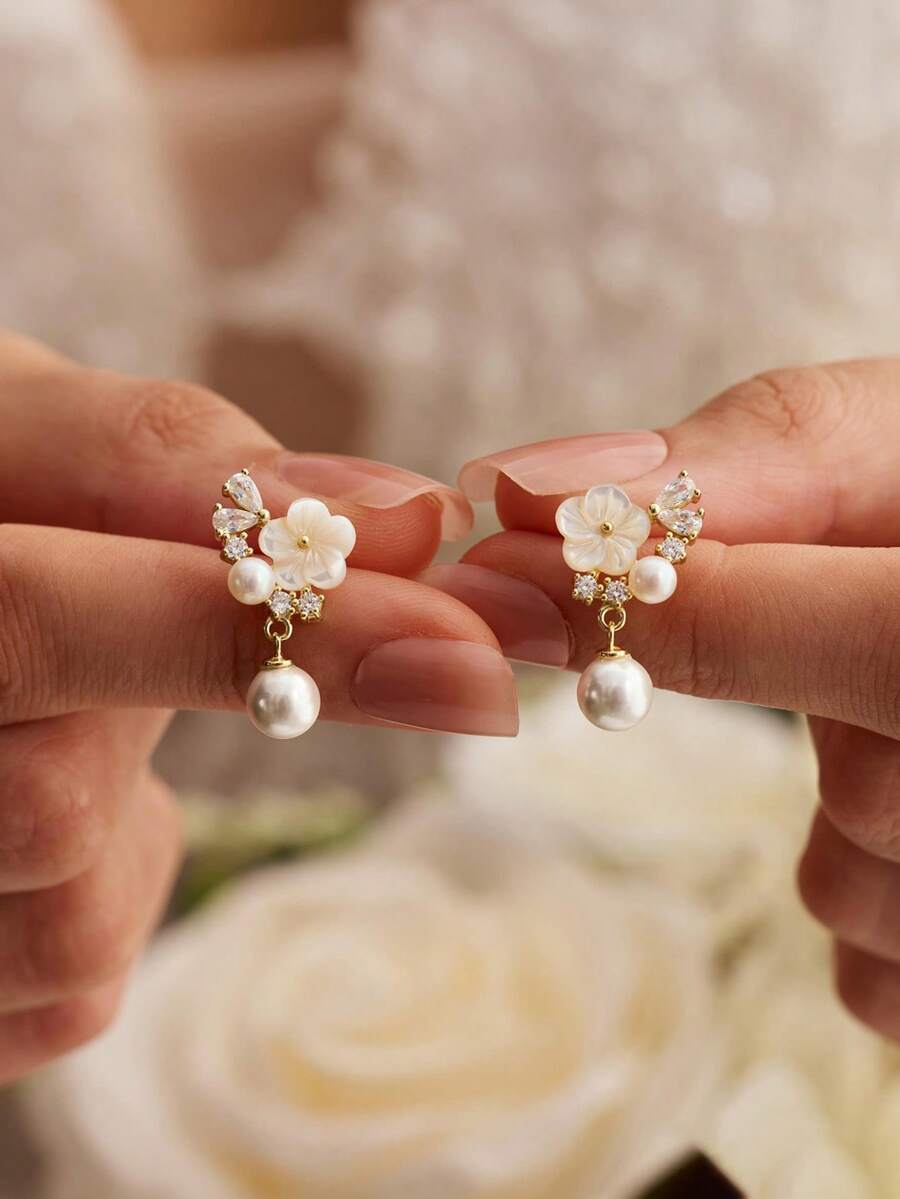 14K镀金/镀银立方氧化锆珍珠耳坠，优雅新娘婚礼珠宝礼物，简约日常佩戴珍珠耳环，女士之选