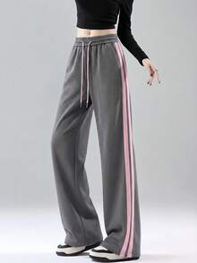 JUTU 春秋紫色炭灰色时尚前卫女式极简条纹直筒裤，2026新款两件套，宽松高腰抽绳长裤 - 1A55紫拼寶藍+煙灰拼粉 - 查看 3