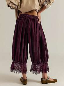 Women Lace Trim Long Bloomers Y2k Elastic Mid Rise Ruffle Victorian Pantaloons Cropped Flared Slips Pants Pumpkin Pants - 酒紅色 - 查看 3