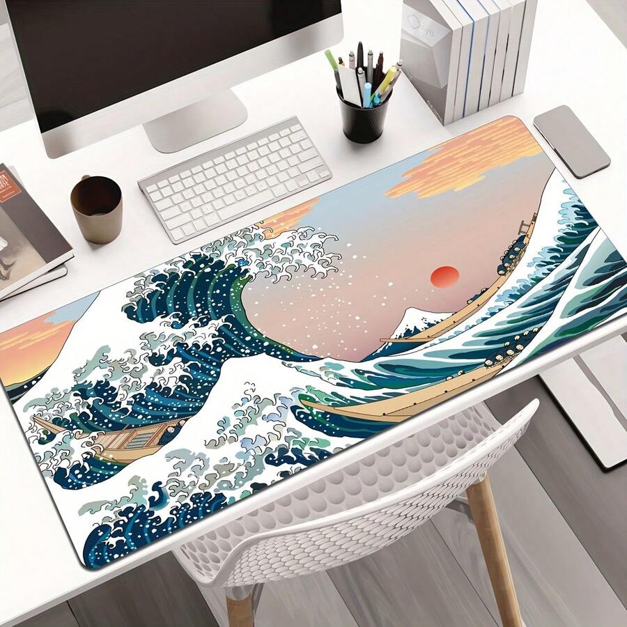 XXL Size Black & White Wavy Pattern Gaming Mouse Pad, Non-Slip Rubber Base, Washable Surface, Soft & Stylish Rectangular Desk Mat Suitable For Computer, Laptop And Office/Gaming Environment, Artistic Wavy Design Mousepad Study Table Mouse Pad For Desk Desk Decor