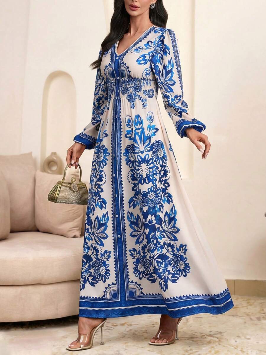 This New Elegant Women's Dress Features A Blue And White Striped Print Design, With A V-Neck And Puff Long Sleeves, Accentuated By Intricate Middle Eastern-Inspired Details For A Refined And Graceful Look. The Dress Is Adorned With A Beautiful Jacquard Print, Making It An Ideal Choice For Everyday Wear, Parties, And Formal Events. - Blue - View 1