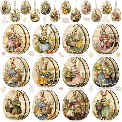 24pcs Vintage Wooden Easter Decorations, Retro Easter Decor Rabbit Figurines, Egg Shaped Wooden Carvings With Rope, Rabbit Mini Signs, Hanging Spring Decor, Home Indoor