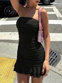 Rochie mini neagră fără bretele, cu volane, pentru femei | Rochie mulată fără mâneci, cu tiv și volane, pentru petrecere și întâlniri - Negru - Vizualizare 7