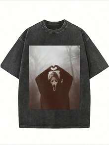 Summer TopsHalloween Retro Washed T-Shirt Scream Ghostface Heart Hands Graphic Tees Water Washing Print T-Shirt, Men's Vintage T-Shirt,Short Sleeves Crew Neck Top Tees, 230 Gram Cotton T Shirts, Holiday GiftsLoose And Comfortablesummer Clothes - 黑色 - 查看 1