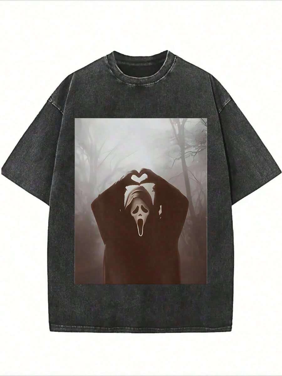 Summer TopsHalloween Retro Washed T-Shirt Scream Ghostface Heart Hands Graphic Tees Water Washing Print T-Shirt, Men's Vintage T-Shirt,Short Sleeves Crew Neck Top Tees, 230 Gram Cotton T Shirts, Holiday GiftsLoose And Comfortablesummer Clothes - 黑色 - 查看 1